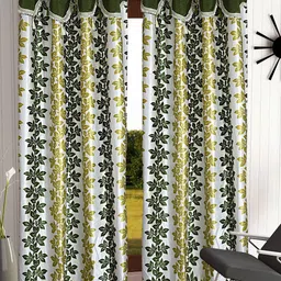 Cortina Olive Green & White Set of 2 Fancy Valance Floral Printed Door Curtains-0