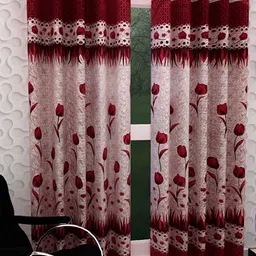 Panipat Textile Hub Red 2 Pieces Floral Printed Long Door Curtains-image-66