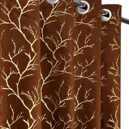 RIDHAAN Brown 2 Pieces Foil Print Velvet Room Darkening Eyelet Window Curtains-20
