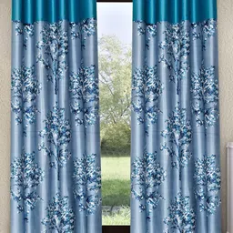 Fashion String Blue & White 2 Pieces Floral Printed Long Door Curtains-image-49
