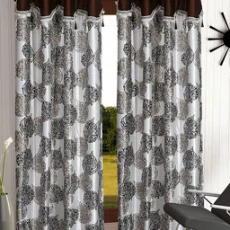 Cortina Brown & White Set of 2 Fancy Valance Leaf Printed Door Curtains-22