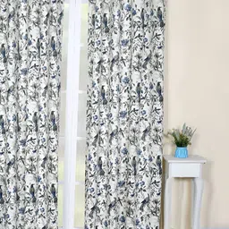 Soumya White & Blue Floral Printed Cotton Room Darkening Long Door Curtain-image-25