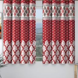 Panipat Textile Hub Red & White Set of 2 Floral Room Darkening Window Curtains-26