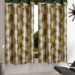 Cortina Set of 2 Green & Beige Fancy Valance Floral Printed Window Curtains-3