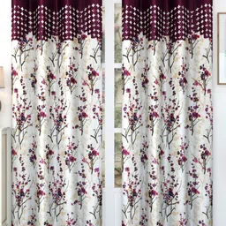 Bajo's Cream-Coloured & Purple 2 Pieces Floral Printed Satin Long Door Curtains-15