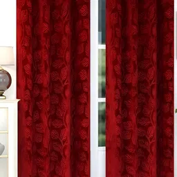 RIDHAAN Maroon 2 Pieces Floral Room Darkening Velvet Window Curtains-image-92