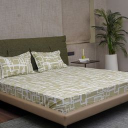 URBAN SPACE Green & White Printed Cotton 200 TC Single Bedsheet With 2 Pillow Covers-image-99