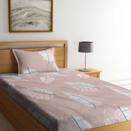 KLOTTHE Peach-Colored & White Printed 300 TC Fitted Single Bedsheet & Pillow Cover-7