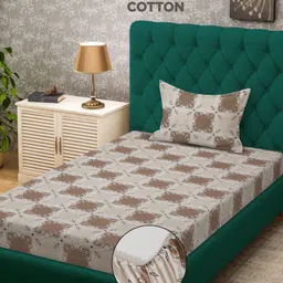 KLOTTHE Brown Printed 400 TC Pure Cotton Single Bed Fitted Bedsheet & 1 Pillow Cover-picture-9