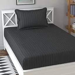 Bajo's Grey Striped 220 TC Flat Cotton Single Bedsheet with 1 Pillow Cover-image-4