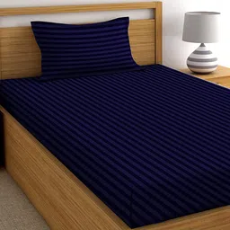 Bajo's Navy Blue Striped 220 TC Flat Cotton Single Bedsheet with 1 Pillow Cover-image-34