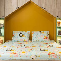 URBAN SPACE Blue Cartoon Characters 200 TC Cotton Fitted King Bedsheet & 2 Pillow Covers-image-9