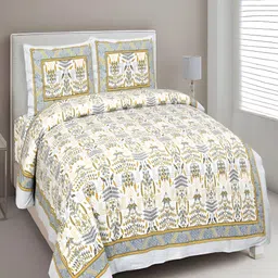 JAIPUR FABRIC Cream & Orange Floral Cotton 220 TC King Bedsheet With 2 Pillow Covers-28