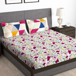 Story@home White & Pink Geometric 180 TC Queen Bedsheet with 2 Pillow Covers-image-88