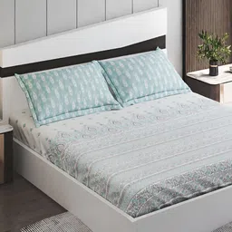Home Centre Blue & White Floral Cotton 250 TC King Bedsheet with 2 Pillow Covers-image-78