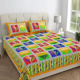 HOMELINE Yellow & Blue Floral 144 TC Queen Bedsheet with 2 Pillow Covers-image-97