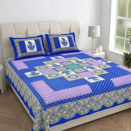 HOMELINE Blue & White Ethnic Motifs 144 TC Queen Bedsheet with 2 Pillow Covers-image-30