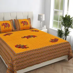 HOMELINE Yellow & White Graphic 144 TC Queen Bedsheet with 2 Pillow Covers-image-65