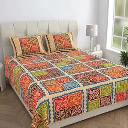 HOMELINE Blue & Orange Ethnic Motifs 144 TC Queen Bedsheet with 2 Pillow Covers-image-59