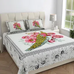 HOMELINE White & Green Graphic 144 TC Queen Bedsheet with 2 Pillow Covers-image-99