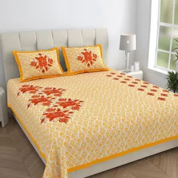 HOMELINE Orange & White Geometric 144 TC Queen Bedsheet with 2 Pillow Covers-image-89