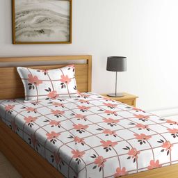KLOTTHE Book Fold White & Orange Floral 300 TC Fitted Single Bedsheet & 1 Pillow Cover-image-95