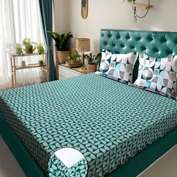 KLOTTHE Green Geometric Printed 300TC Fitted Double King Bedsheet With 2 Pillow Covers-picture-21
