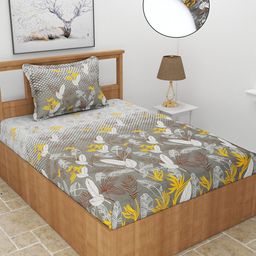 MORADO Charcoal & Yellow Floral Printed 210 TC Fitted Single Bedsheet With 1 Pillow Cover-image-5