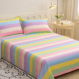 JC HOME Pink & Yellow Striped 140 TC Queen Bedsheet with 2 Pillow Covers-picture-18