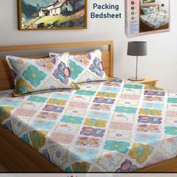 FABINALIV Blue & White Geometric 300 TC King Bedsheet with 2 Pillow Covers-image-96