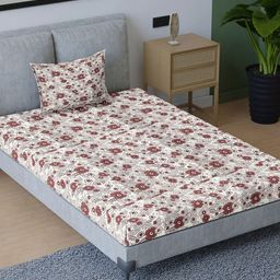 Aura Maroon &White Floral Cotton 200 TC Single Bedsheet with 1 Pillow Covers-picture-37