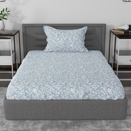 Myntra Elegant Homes Blue & White Floral 144 TC Single Bedsheet with 1 Pillow Covers-3