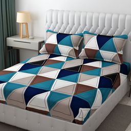 FINE TEX WORLD White Geometric 210 TC Microfiber Fitted King Bedsheet With 2 Pillow Covers-image-89