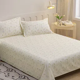 JC HOME Beige & Blue Floral 140 TC Queen Bedsheet with 2 Pillow Covers-image-38