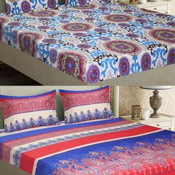 Aura Pink & Blue 6 Pieces Floral Microfiber 144 TC Queen Bedsheet with Pillow Covers-image-53