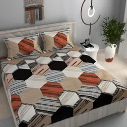 FINE TEX WORLD Red & Grey Geometric Fitted 210 TC King Bedsheet with 2 Pillow Covers-image-87