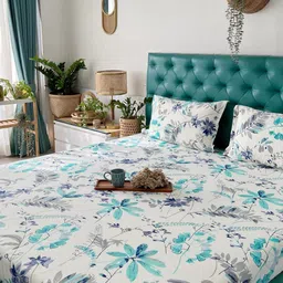 URBAN SPACE Serene White Floral Printed 200 TC Pure Cotton Queen Bedsheet & Pillow Covers-image-75