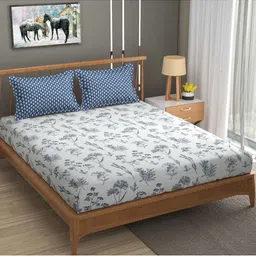 MallowWorld Grey & White Floral 300 TC King Bedsheet with 2 Pillow Covers-picture-1