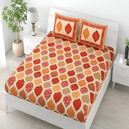 Runjhun Orange & Green Ethnic Motifs 144 TC Cotton Queen Bedsheet Set-14