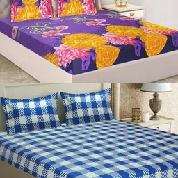 Aura Yellow & Blue Floral 144 TC 2 Queen Bedsheet with 4 Pillow Covers-image-26