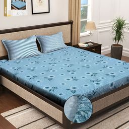KLOTTHE Blue Floral  Printed 300TC Fitted Super King Bedsheet With 2 Pillow Covers-image-52
