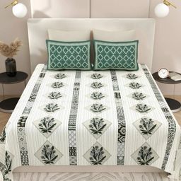 LIVING ROOTS Green & White Floral Pure Cotton 300 TC King Bedsheet with 2 Pillow Covers-image-65