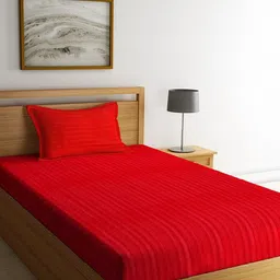 HOSTA HOMES Red Striped 300 TC Single Cotton Flat Bedsheet With Pillow Cover-image-3