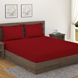 Home Sizzler Maroon Striped Cotton 300 TC Queen Bedsheet with 2 Pillow Covers-image-66