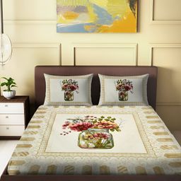 Spangle Beige & Red Floral Cotton 260 TC King Bedsheet with 2 Pillow Covers-image-60