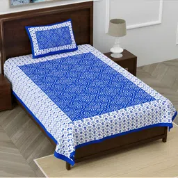 POORAK Blue & White Geometric 104 TC Cotton Single Bedsheet with 1 Pillow Cover-picture-8