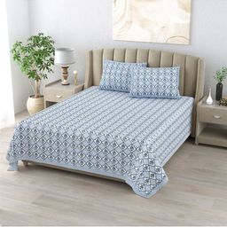 DE CAMA Blue & White Ethnic Motifs 300 TC Pure Cotton King Bedsheet With 2 Pillow Covers-image-92