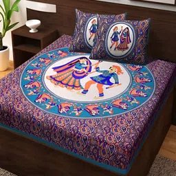 UNIQCHOICE Turquoise Blue Printed Cotton 120 TC Queen Bedsheet With 2 Pillow Covers-image-72