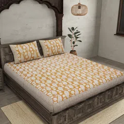 JAIPUR FABRIC Mustard & White Ethnic Motifs Queen Bedsheet with 2 Pillow Covers-38