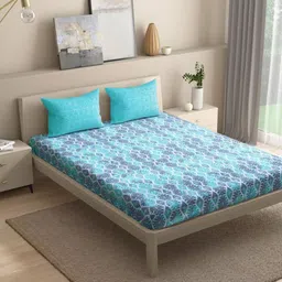 wakefit Blue & Grey Geometric Cotton 144 TC Queen Bedsheet With 2 Pillow Covers-image-49
